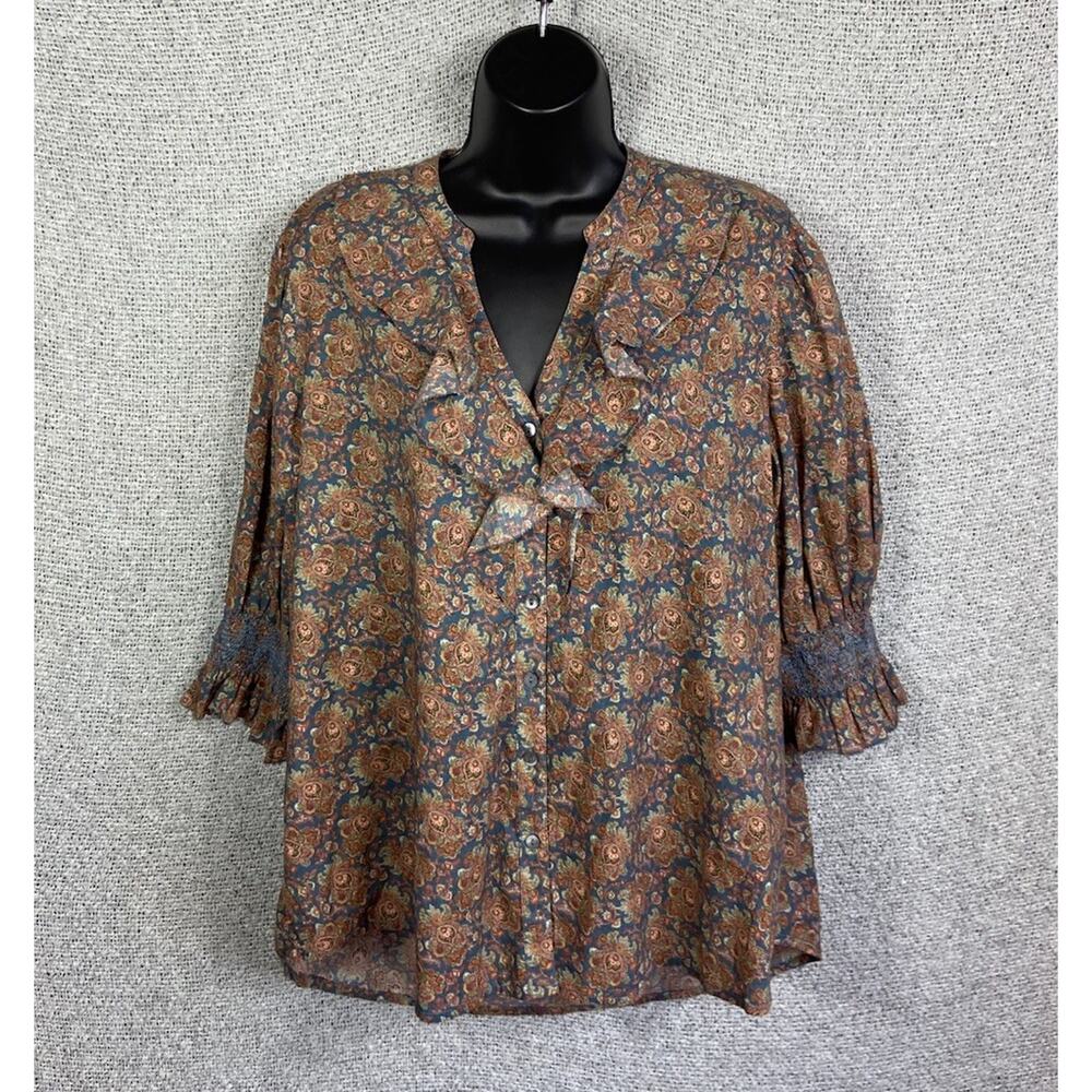 Sundance Ruffled Blouse Women’s V Neck 3/4 Length Sleeves Smocked Cuff Large - Picture 9 of 9
